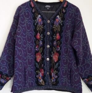 Icelandic Purple Floral Cardigan Sweater 100% Wool